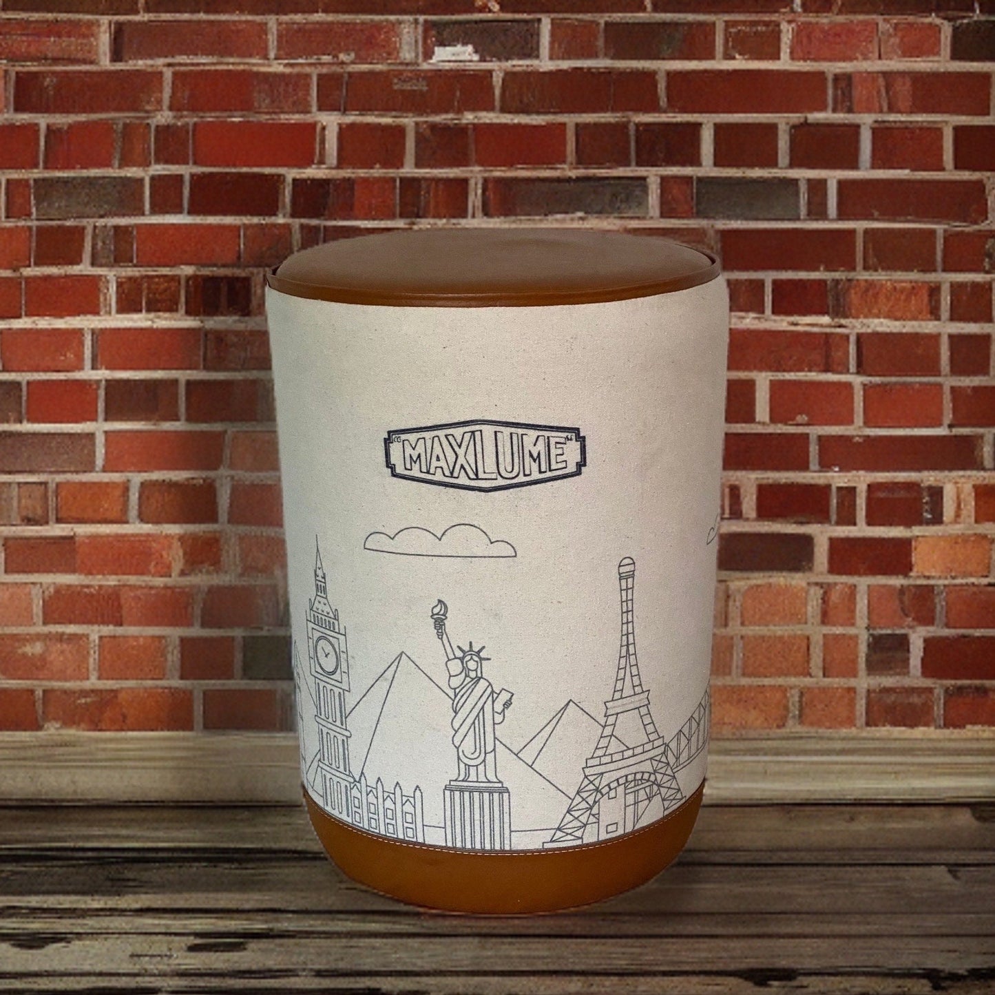 Pouffe ‘Wonders Of The World’ Pouf Solid Base Genuine Leather | Vintage Style | Floor Standing | Man Cave Stool