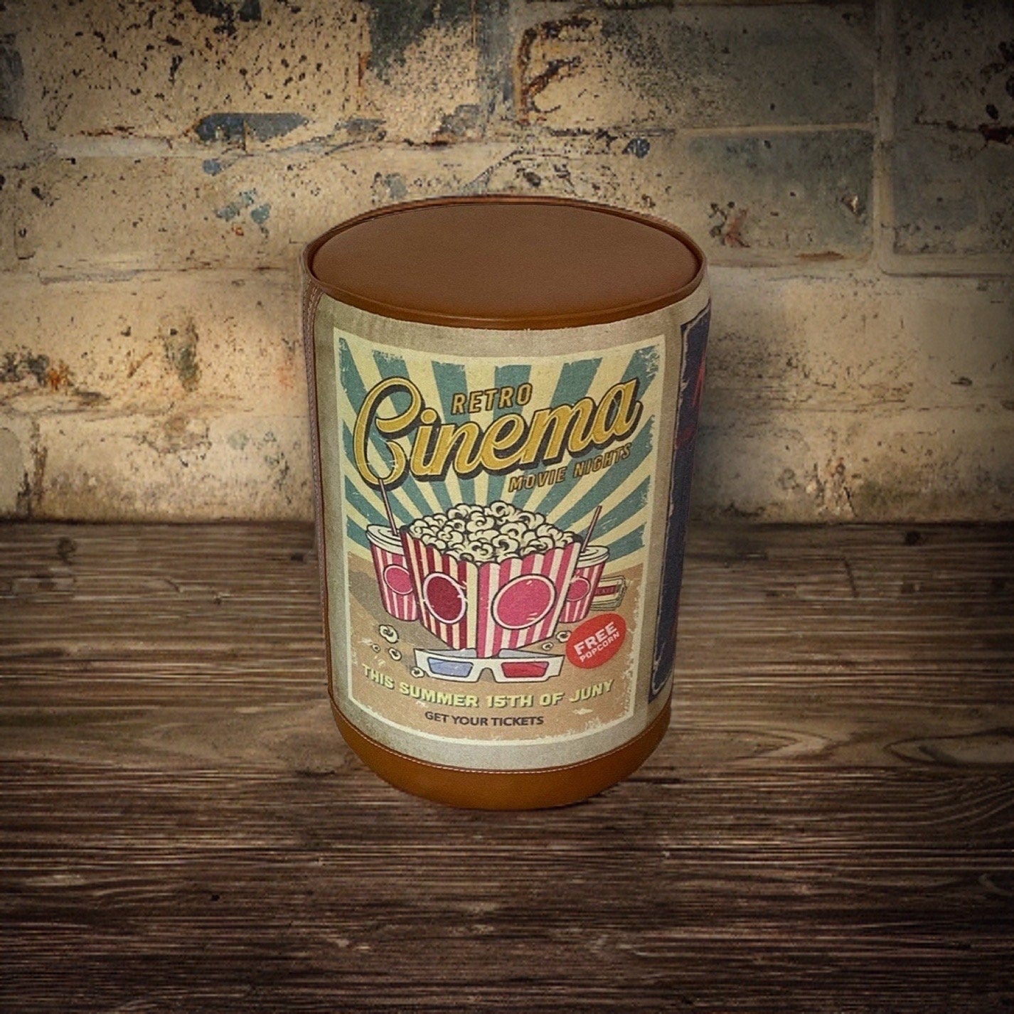 Pouffe ‘Movie Night’ Solid Base Genuine Leather Seat | Vintage Style | Floor Standing | Man Cave Foot Stool ~ Hand Crafted By Maxlume