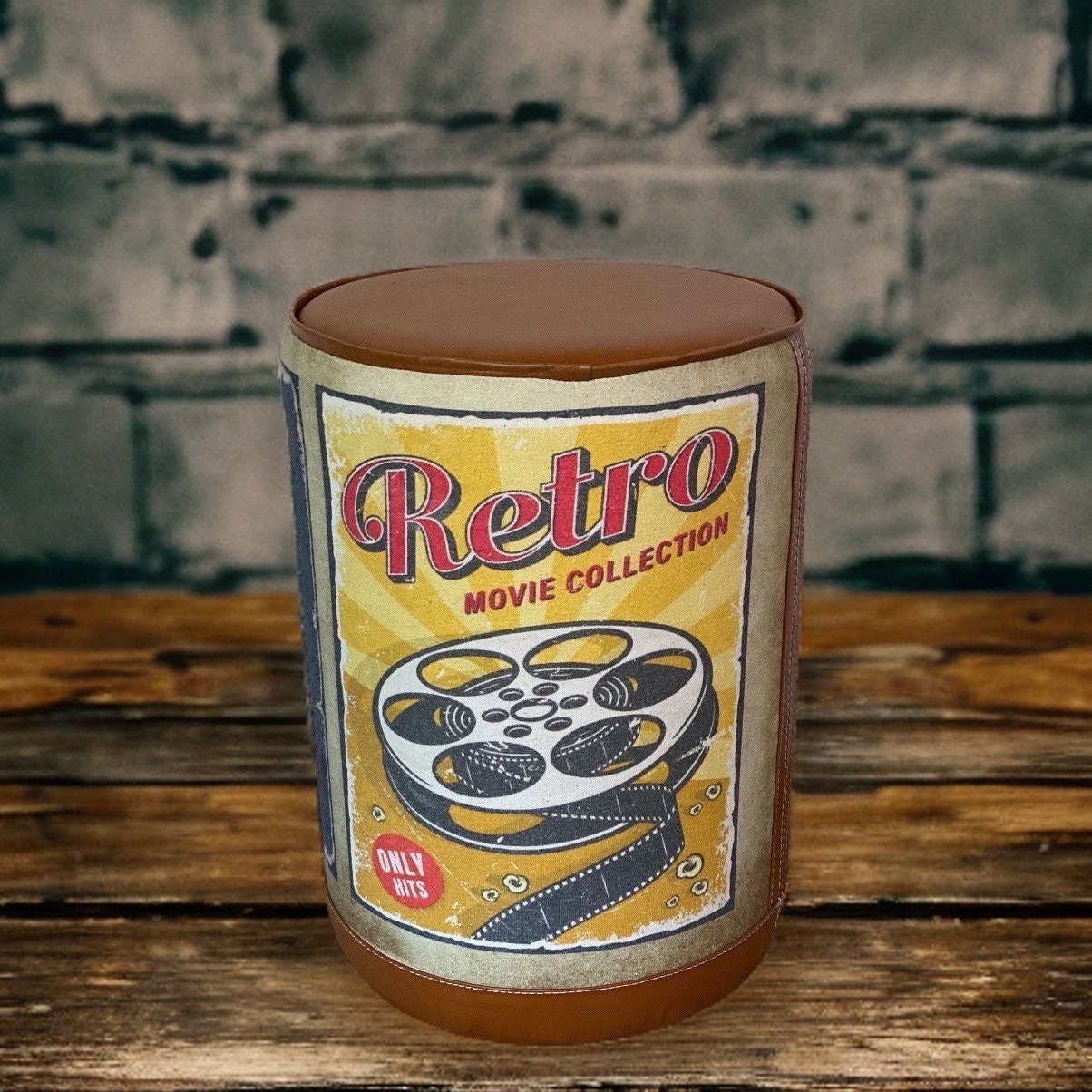 Pouffe ‘Movie Night’ Solid Base Genuine Leather Seat | Vintage Style | Floor Standing | Man Cave Foot Stool ~ Hand Crafted By Maxlume