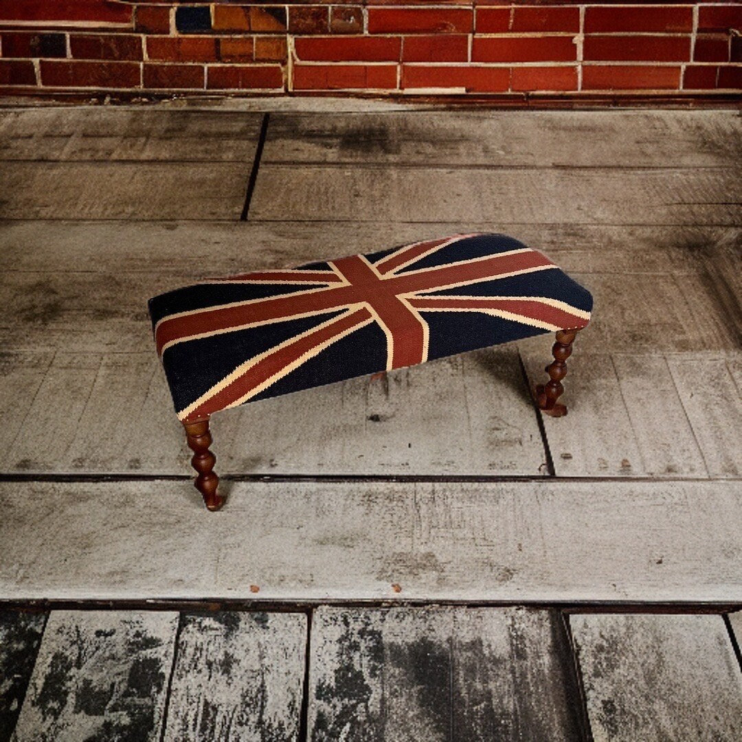 Union Jack Flag Bench Ottoman | Great Britain | Pouf Solid Base | Vintage Style | Floor Standing | Man Cave Stool