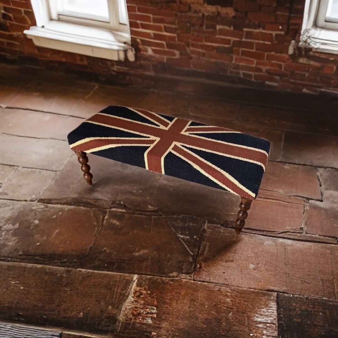 Union Jack Flag Bench Ottoman | Great Britain | Pouf Solid Base | Vintage Style | Floor Standing | Man Cave Stool