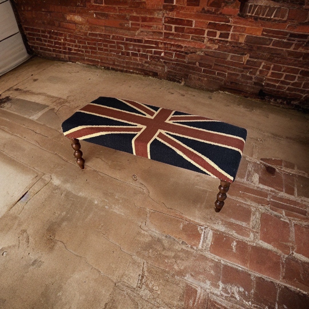 Union Jack Flag Bench Ottoman | Great Britain | Pouf Solid Base | Vintage Style | Floor Standing | Man Cave Stool