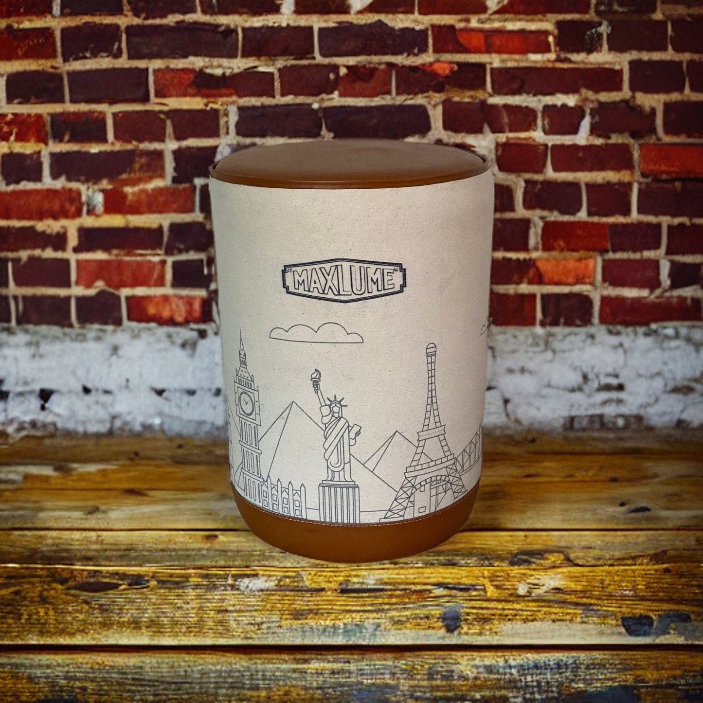 Pouffe ‘Wonders Of The World’ Pouf Solid Base Genuine Leather | Vintage Style | Floor Standing | Man Cave Stool