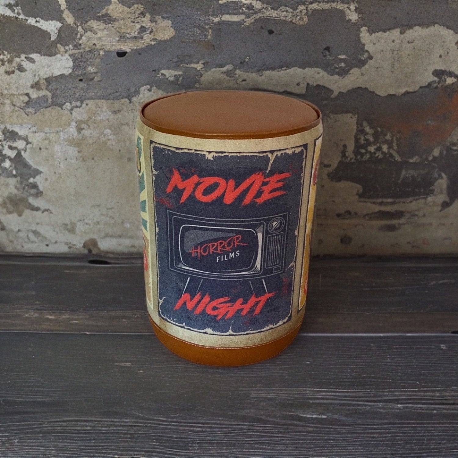 Pouffe ‘Movie Night’ Solid Base Genuine Leather Seat | Vintage Style | Floor Standing | Man Cave Foot Stool ~ Hand Crafted By Maxlume