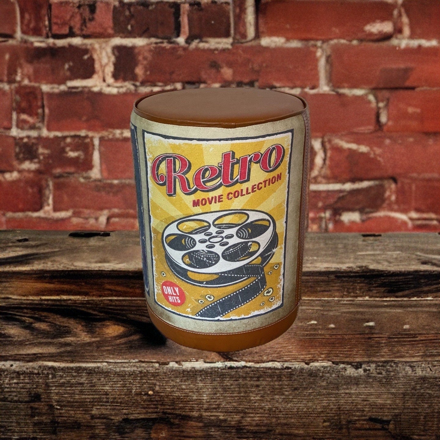 Pouffe ‘Movie Night’ Solid Base Genuine Leather Seat | Vintage Style | Floor Standing | Man Cave Foot Stool ~ Hand Crafted By Maxlume