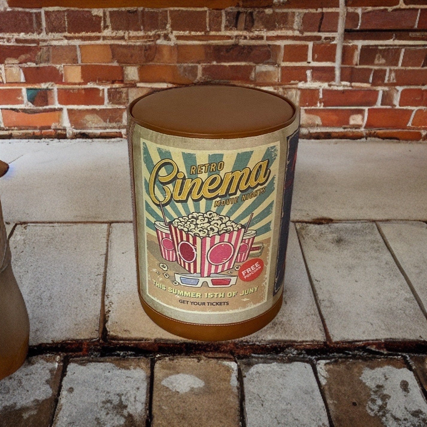 Pouffe ‘Movie Night’ Solid Base Genuine Leather Seat | Vintage Style | Floor Standing | Man Cave Foot Stool ~ Hand Crafted By Maxlume