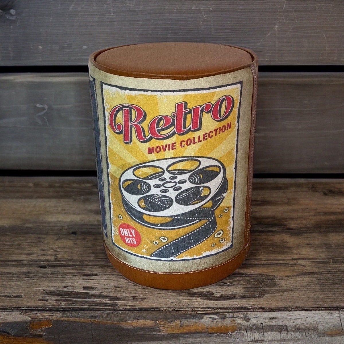 Pouffe ‘Movie Night’ Solid Base Genuine Leather Seat | Vintage Style | Floor Standing | Man Cave Foot Stool ~ Hand Crafted By Maxlume