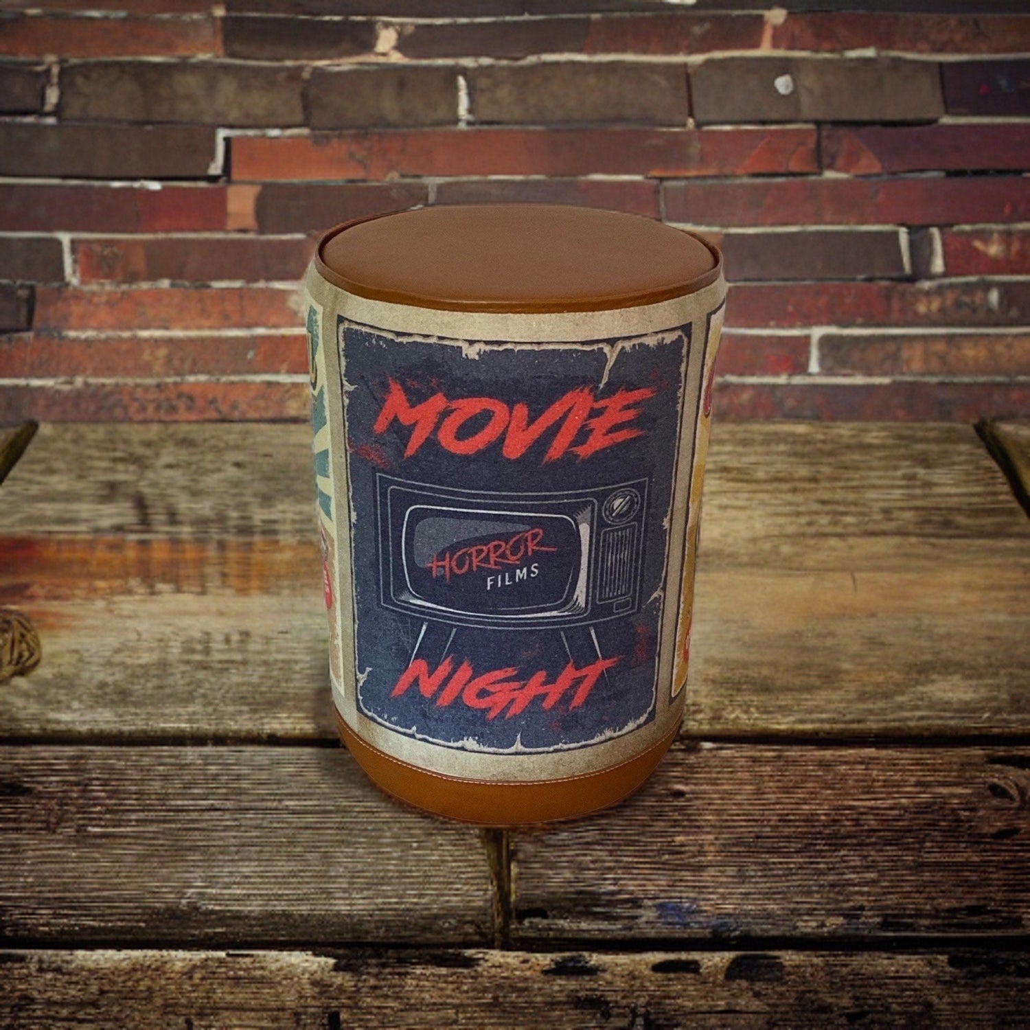 Pouffe ‘Movie Night’ Solid Base Genuine Leather Seat | Vintage Style | Floor Standing | Man Cave Foot Stool ~ Hand Crafted By Maxlume