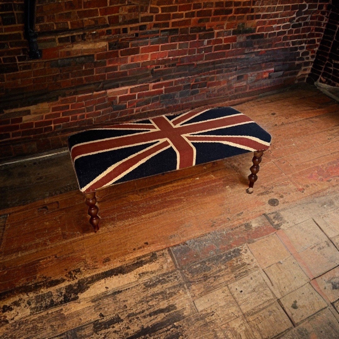 Union Jack Flag Bench Ottoman | Great Britain | Pouf Solid Base | Vintage Style | Floor Standing | Man Cave Stool