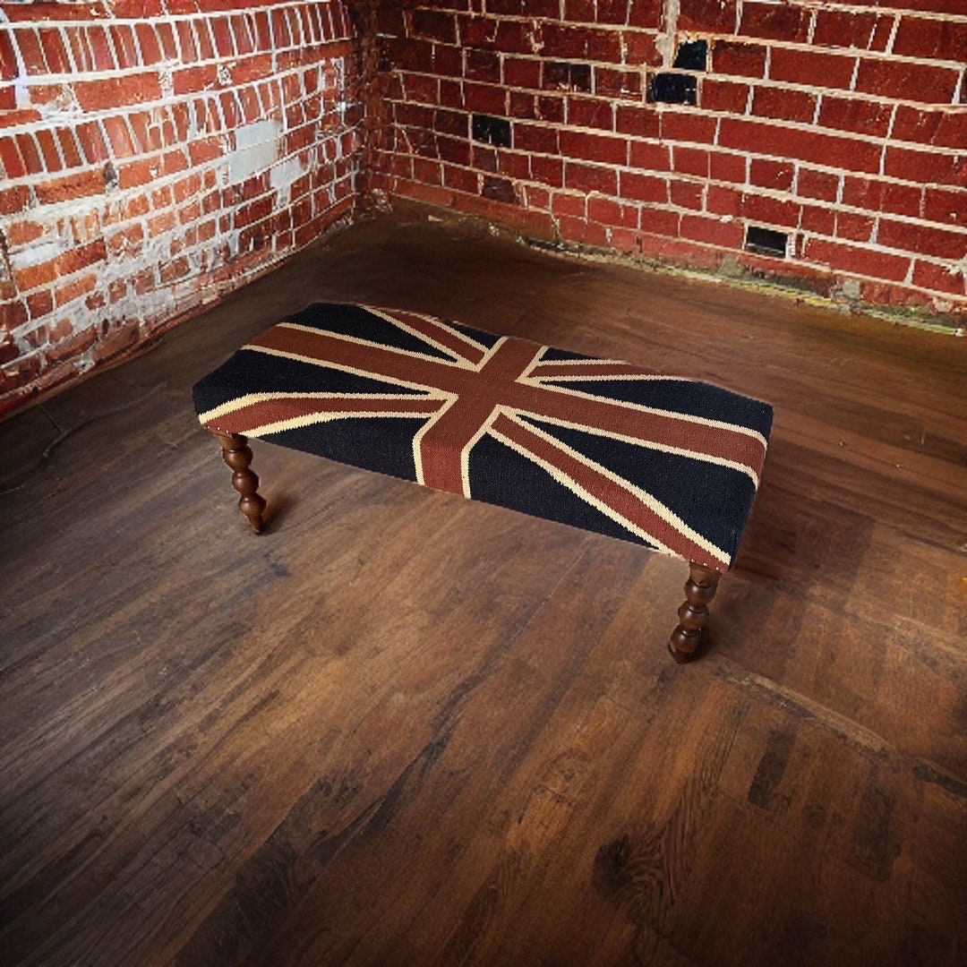 Union Jack Flag Bench Ottoman | Great Britain | Pouf Solid Base | Vintage Style | Floor Standing | Man Cave Stool