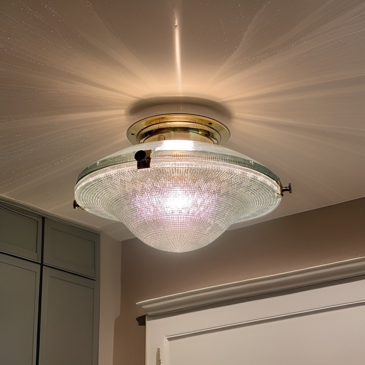 Houghton ~ Flush Mount Holophane Glass Light Vintage Design ~