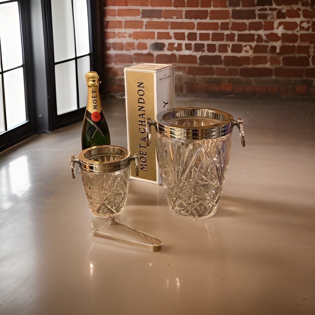 Luxury 3 Piece Solid Glass Hand Cut Engraved Wine & Ice Cooler Champagne French Bucket