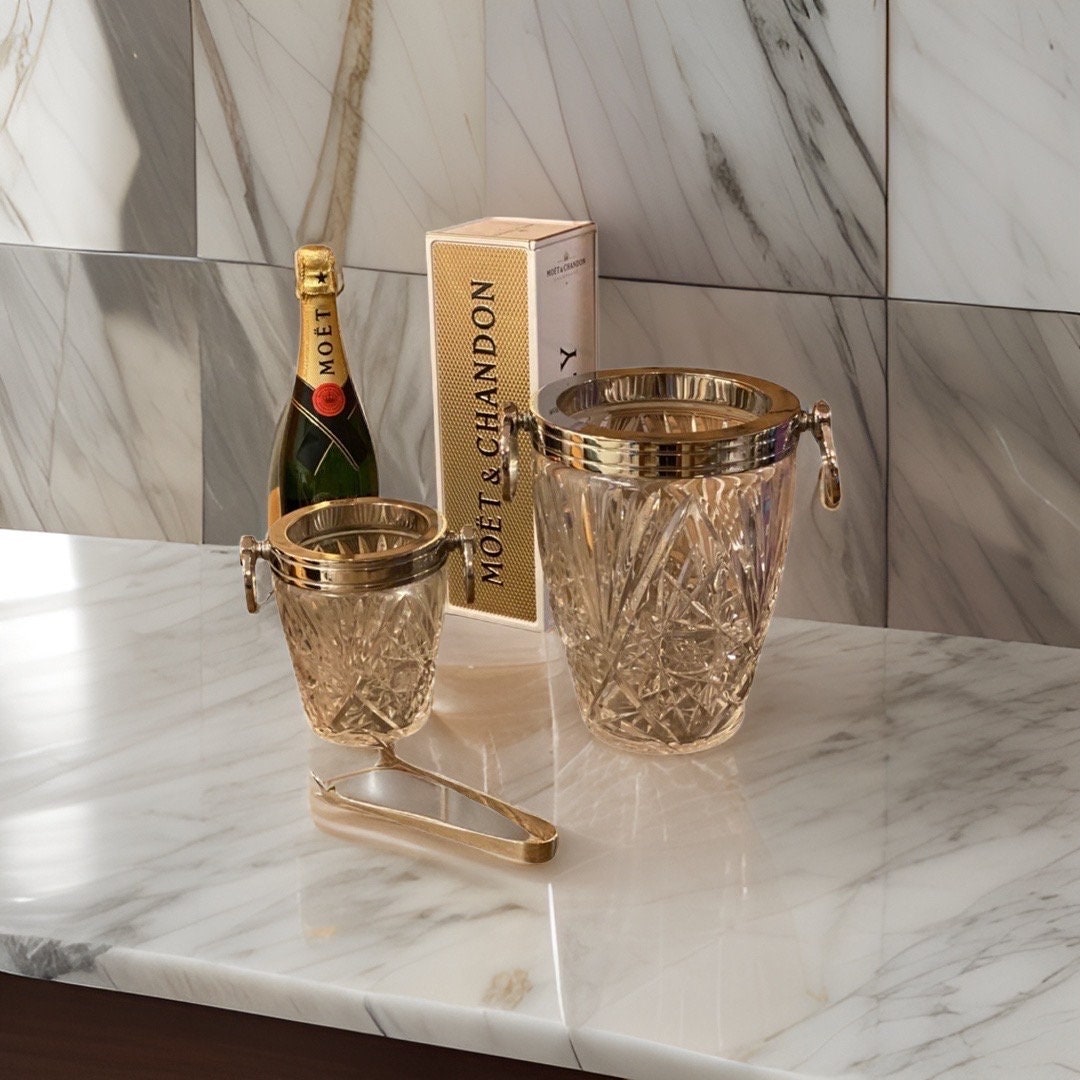 Luxury 3 Piece Solid Glass Hand Cut Engraved Wine & Ice Cooler Champagne French Bucket