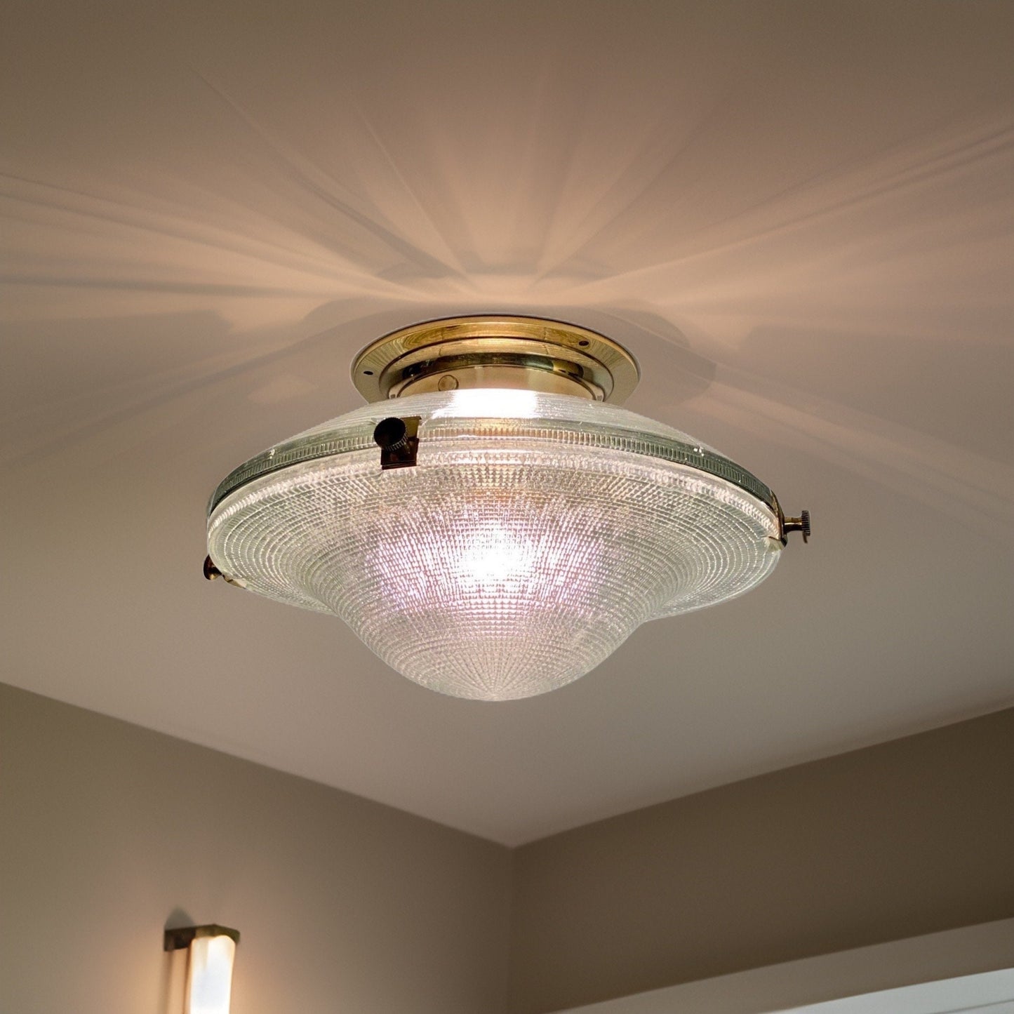 Houghton ~ Flush Mount Holophane Glass Light Vintage Design ~