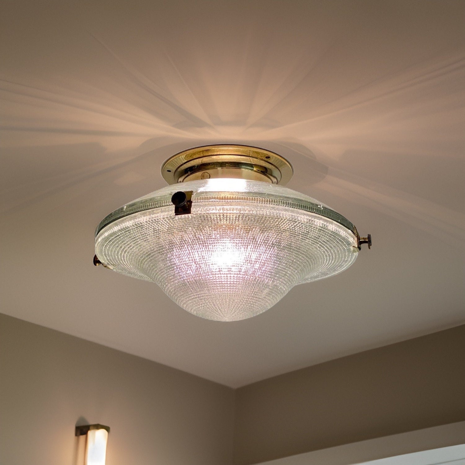 Houghton ~ Flush Mount Holophane Glass Light Vintage Design ~