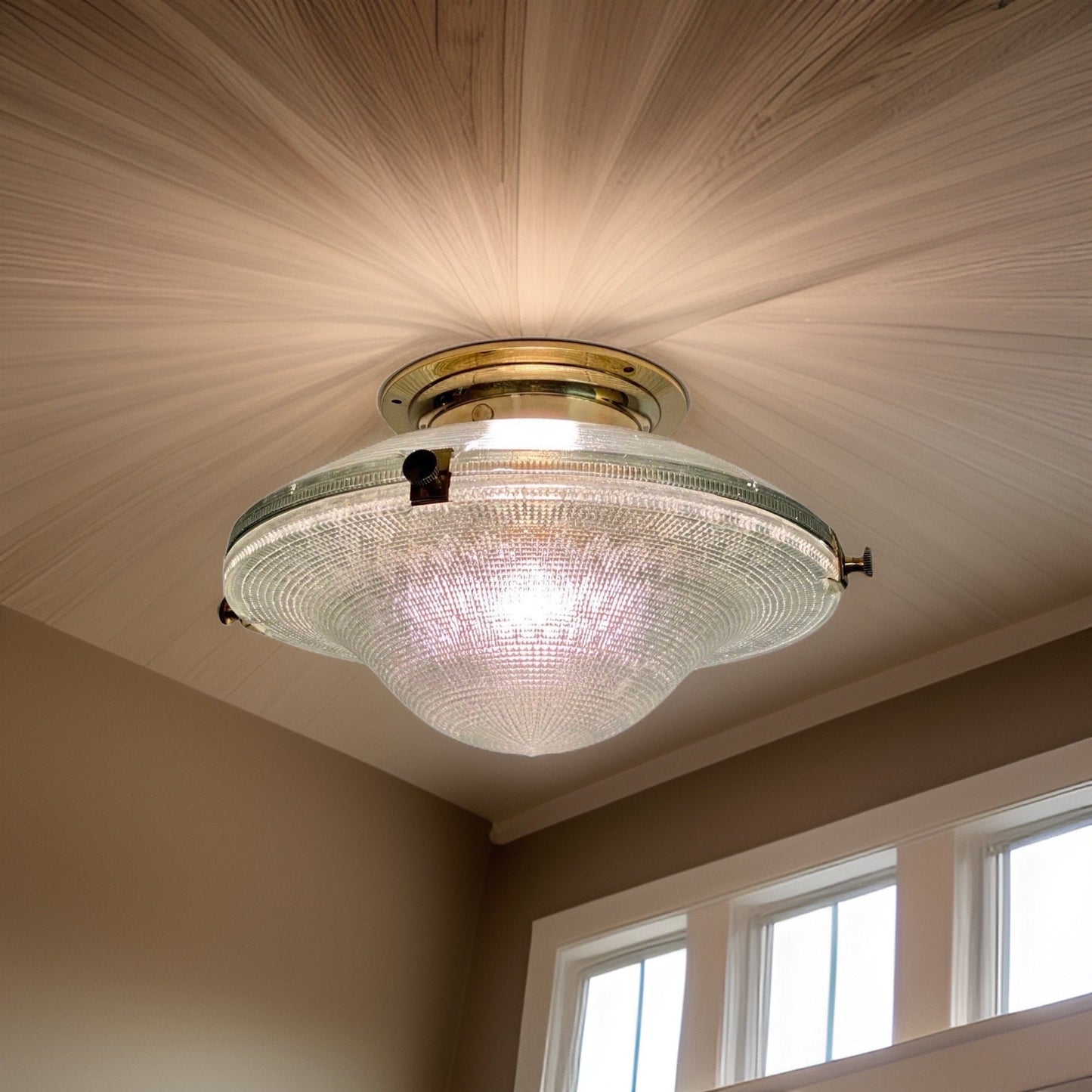 Houghton ~ Flush Mount Holophane Glass Light Vintage Design ~