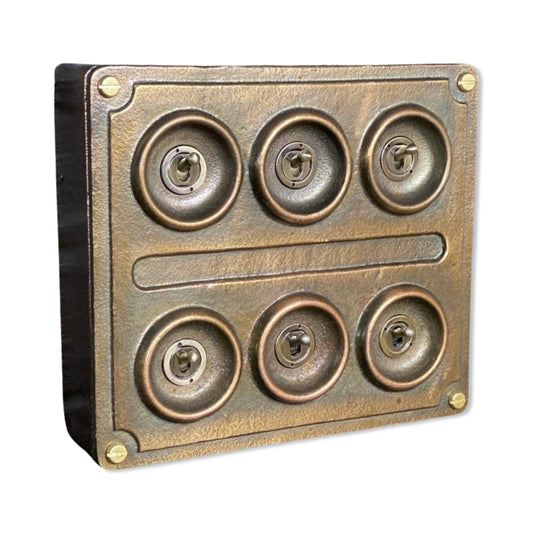 6 Gang 2 Way Bronze Solid Cast Metal Conduit Light Switch Industrial - BS EN Vintage Crabtree 1950’s Style