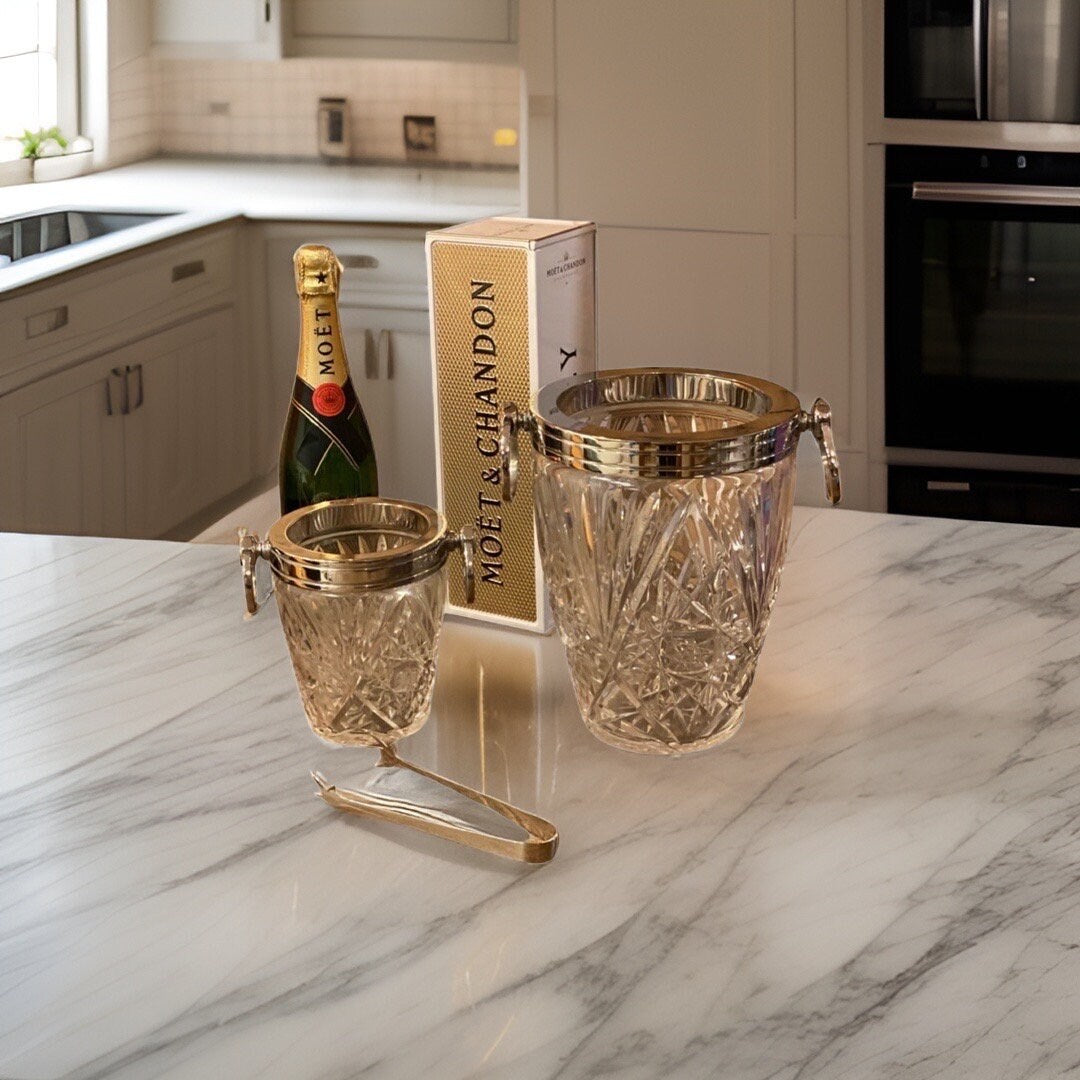 Luxury 3 Piece Solid Glass Hand Cut Engraved Wine & Ice Cooler Champagne French Bucket