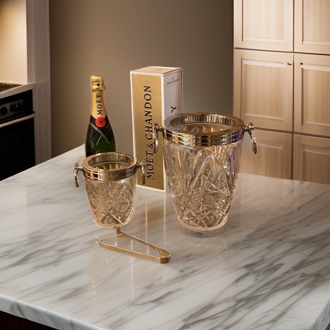 Luxury 3 Piece Solid Glass Hand Cut Engraved Wine & Ice Cooler Champagne French Bucket