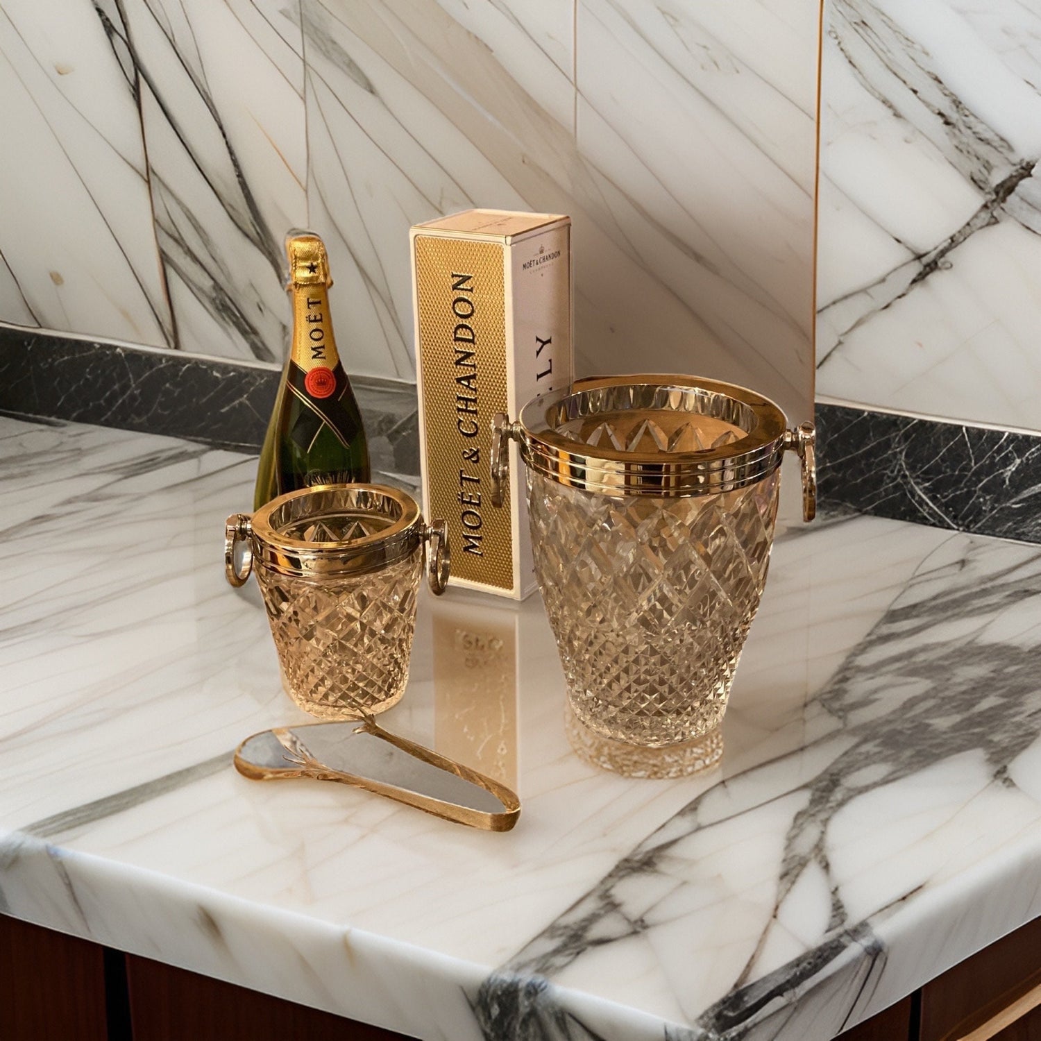 Luxury 3 Piece Solid Glass Hand Cut Engraved Wine & Champagne Ice Cooler