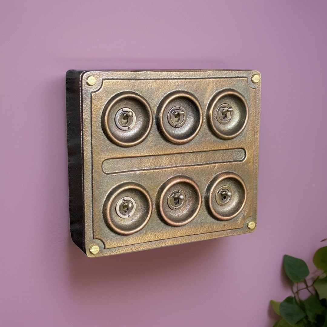 6 Gang 2 Way Bronze Solid Cast Metal Conduit Light Switch Industrial - BS EN Vintage Crabtree 1950’s Style