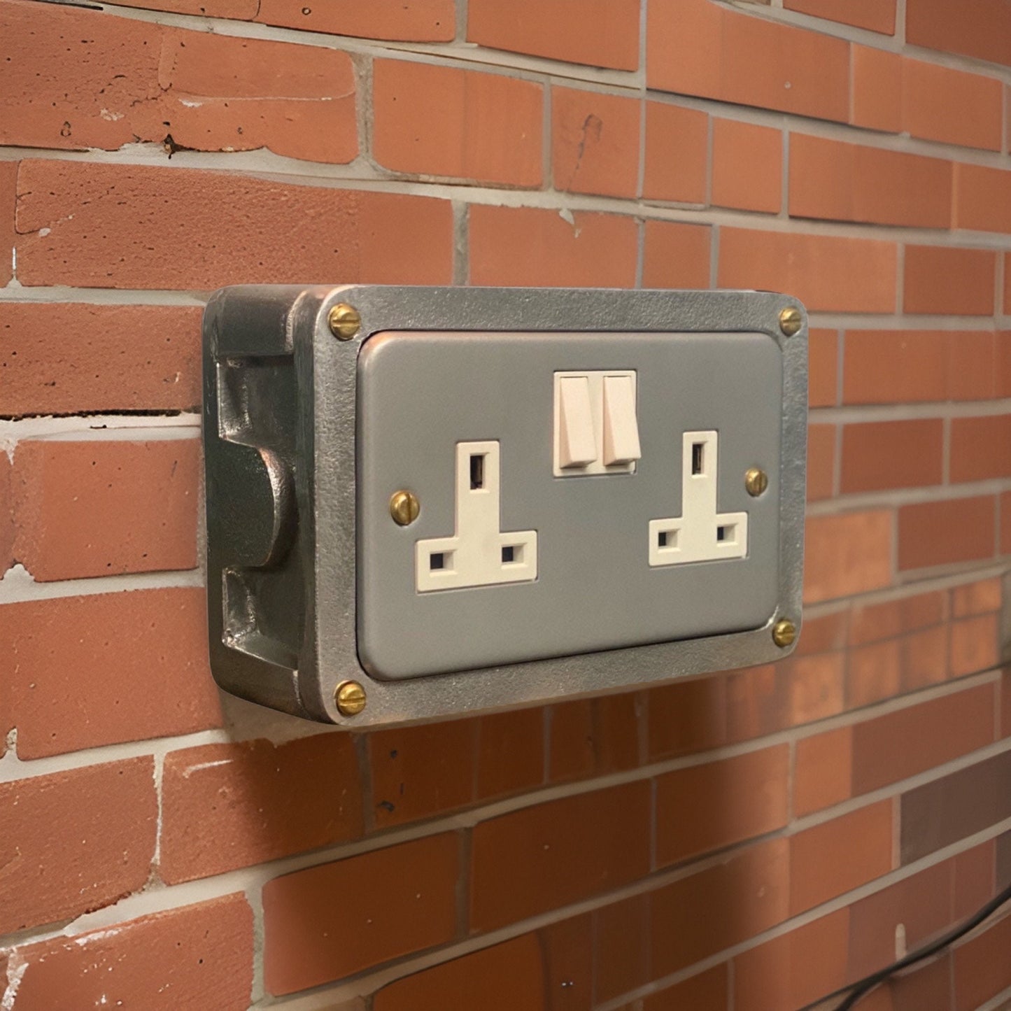 Grey Metal Clad Double Switched 13A Power Socket 230V 2 Gang 2G Socket Cast Metal Conduit Switch Industrial - BS EN Approved Vintage