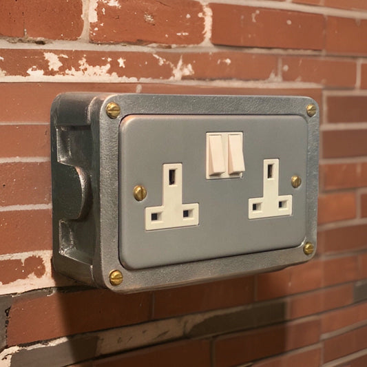 Grey Metal Clad Double Switched 13A Power Socket 230V 2 Gang 2G Socket Cast Metal Conduit Switch Industrial - BS EN Approved Vintage