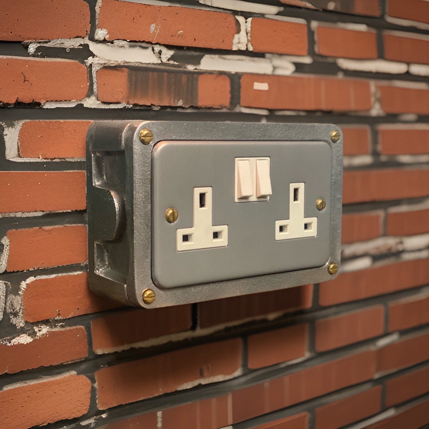 Grey Metal Clad Double Switched 13A Power Socket 230V 2 Gang 2G Socket Cast Metal Conduit Switch Industrial - BS EN Approved Vintage