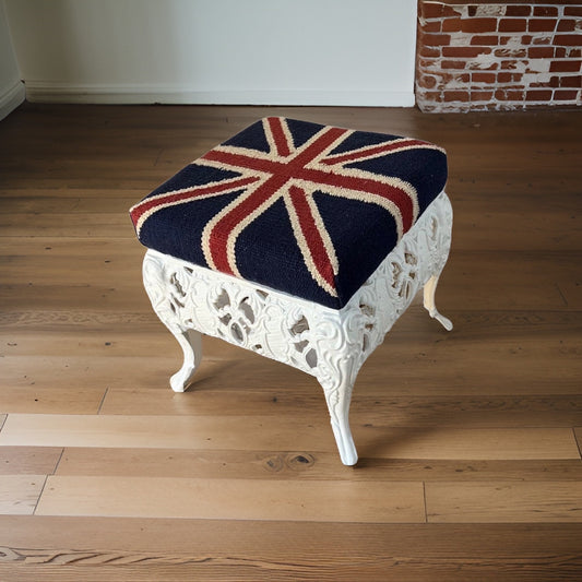 Union Jack Flag Bench | Great Britain | Pouf Solid Base | Vintage Style | Floor Standing | Man Cave Foot Stool