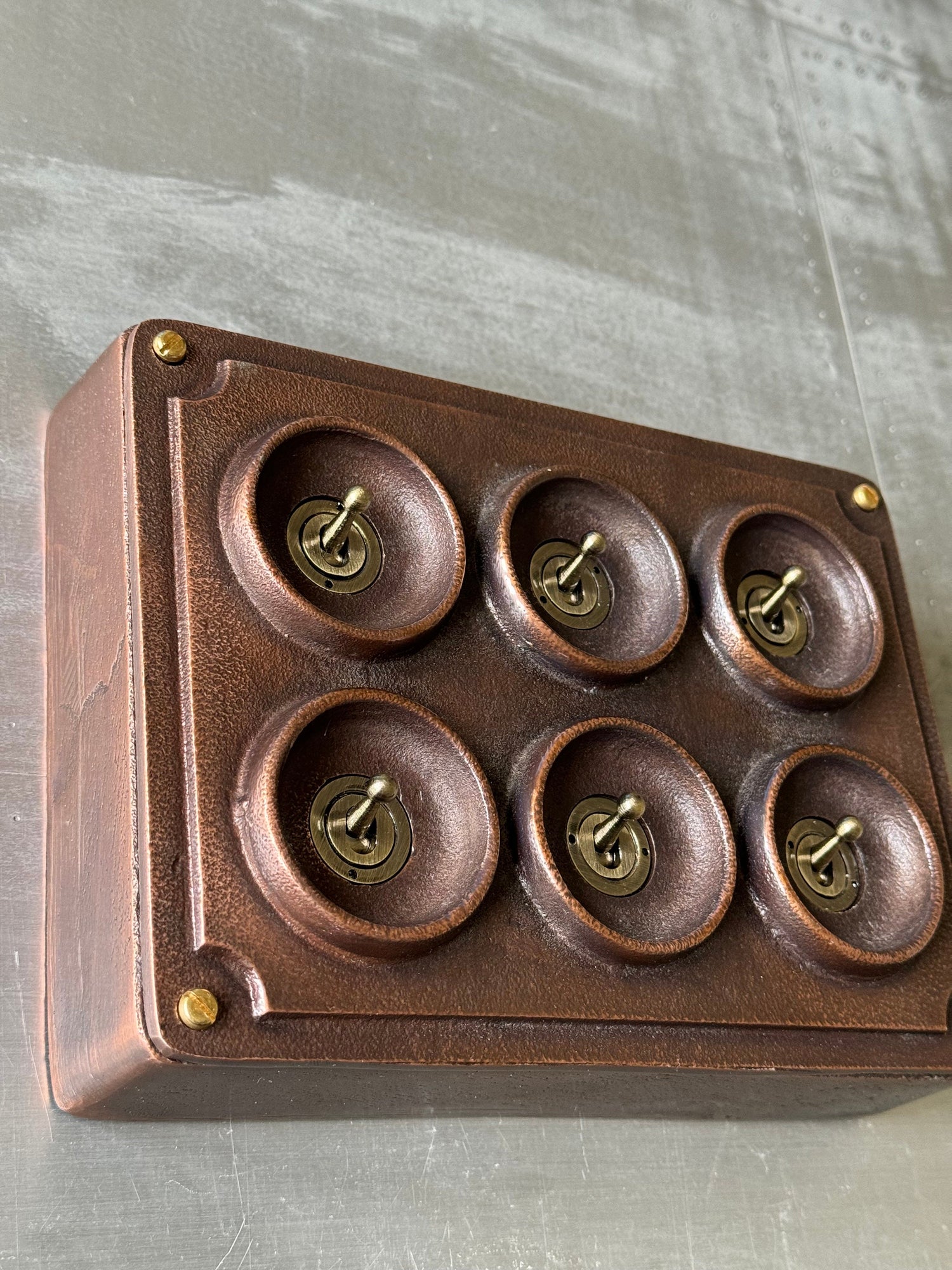 6 Gang 2 Way Antique Copper Solid Cast Metal Conduit Light Switch Industrial - BS EN Vintage Crabtree 1950’s Style