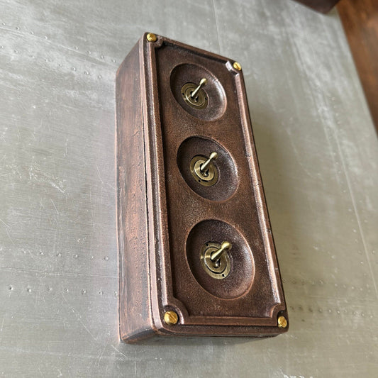 3 Gang Solid Cast Antique Copper Metal Conduit Light Switch Industrial 2 Way - BS EN Approved Vintage Crabtree 1950’s Style