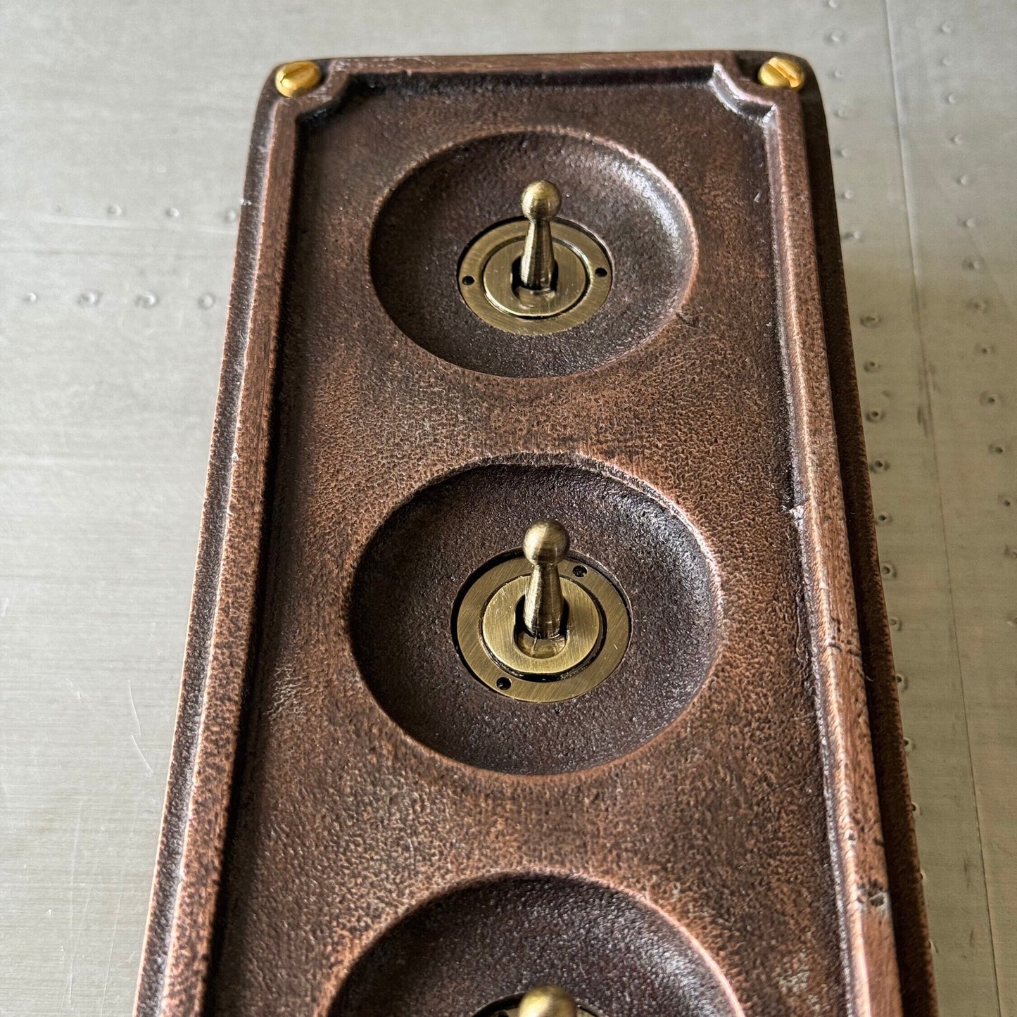 3 Gang Solid Cast Antique Copper Metal Conduit Light Switch Industrial 2 Way - BS EN Approved Vintage Crabtree 1950’s Style