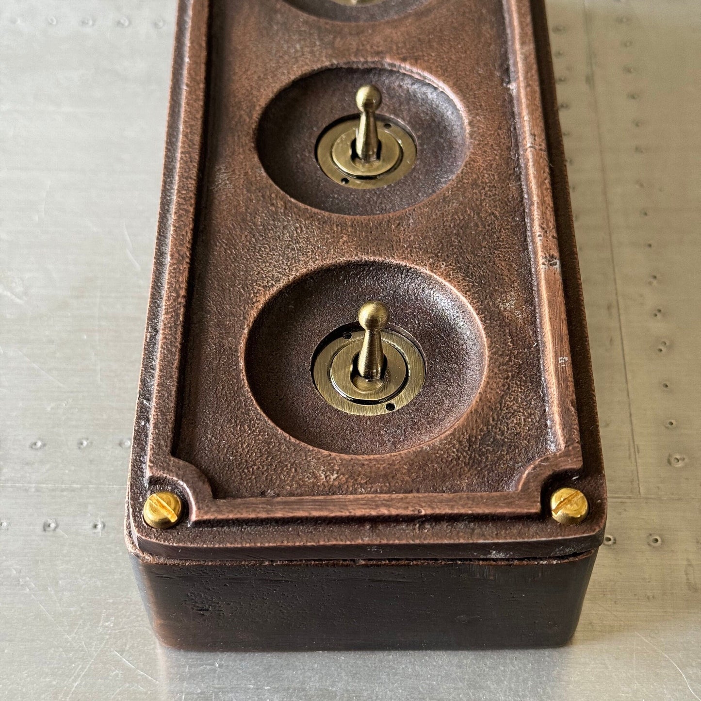 3 Gang Solid Cast Antique Copper Metal Conduit Light Switch Industrial 2 Way - BS EN Approved Vintage Crabtree 1950’s Style