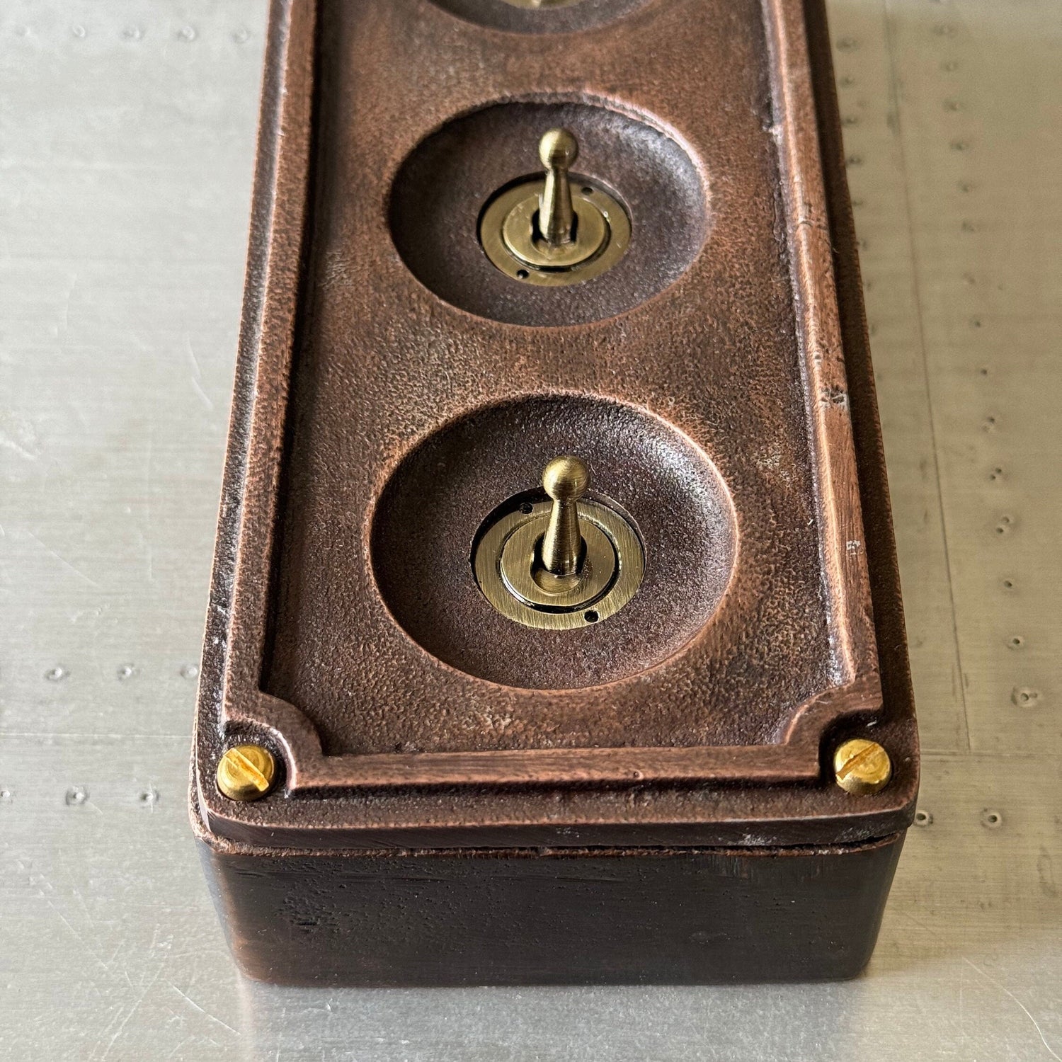 3 Gang Solid Cast Antique Copper Metal Conduit Light Switch Industrial 2 Way - BS EN Approved Vintage Crabtree 1950’s Style