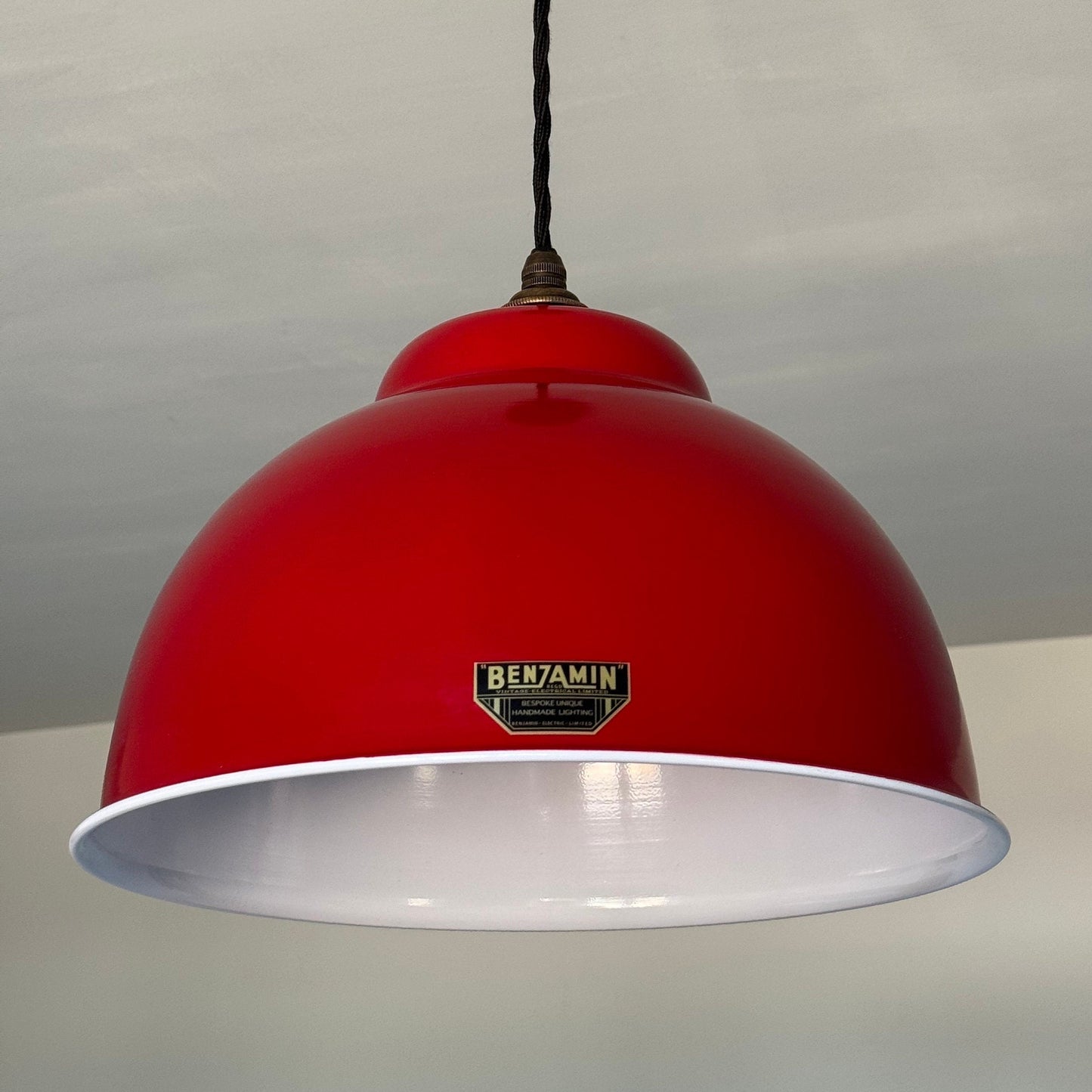 Morley XL ~ British Red RLM Deep Dome Reflector Lampshade Pendant Set Light ~ 13 Inch