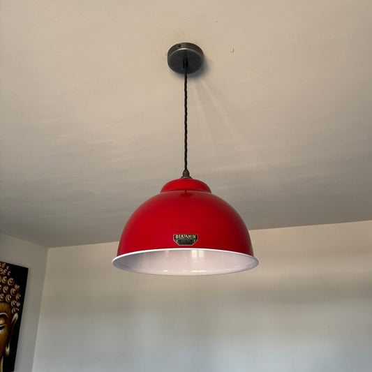 Morley XL ~ British Red RLM Deep Dome Reflector Lampshade Pendant Set Light ~ 13 Inch