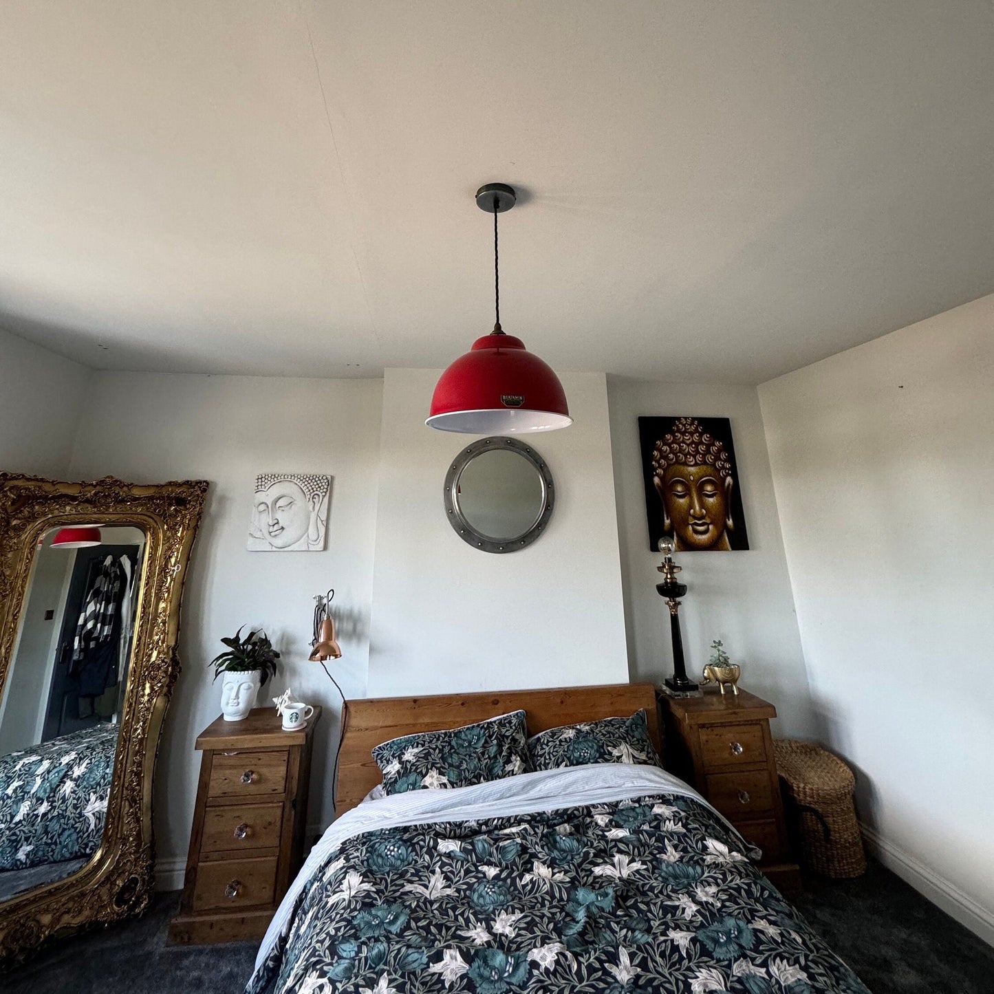 Morley XL ~ British Red RLM Deep Dome Reflector Lampshade Pendant Set Light ~ 13 Inch