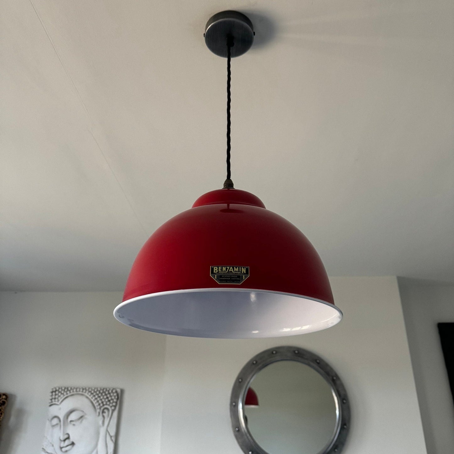 Morley XL ~ British Red RLM Deep Dome Reflector Lampshade Pendant Set Light ~ 13 Inch