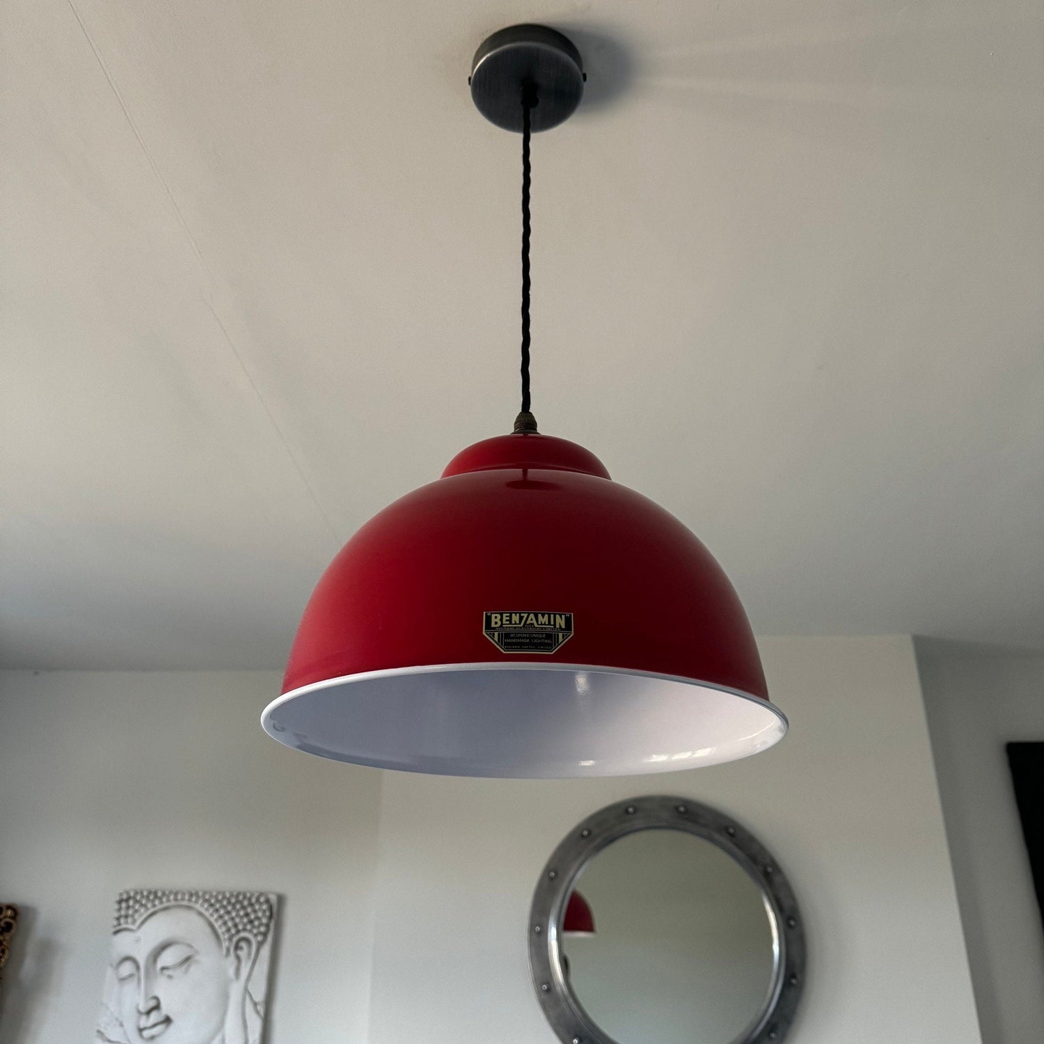 Morley XL ~ British Red RLM Deep Dome Reflector Lampshade Pendant Set Light ~ 13 Inch