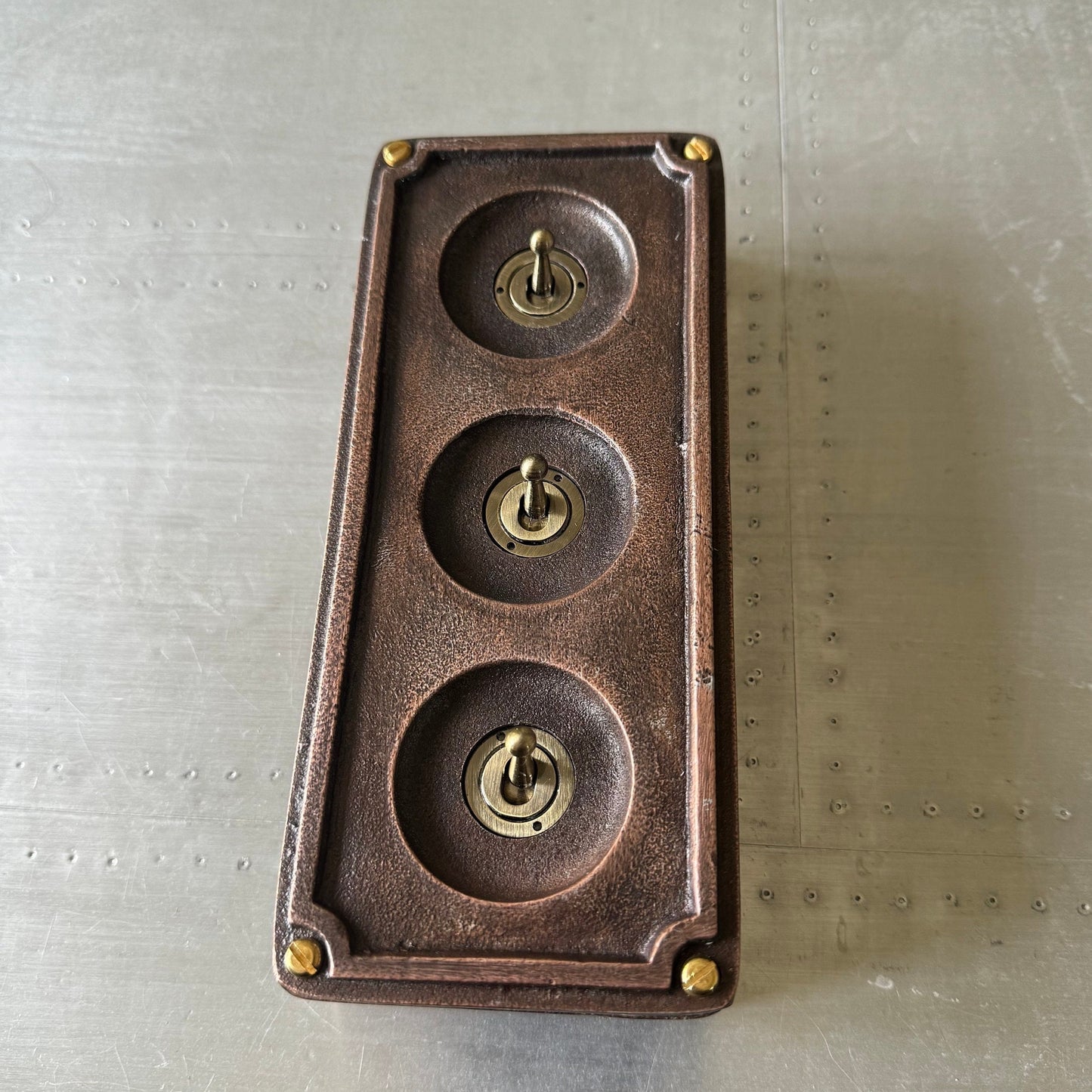 3 Gang Solid Cast Antique Copper Metal Conduit Light Switch Industrial 2 Way - BS EN Approved Vintage Crabtree 1950’s Style