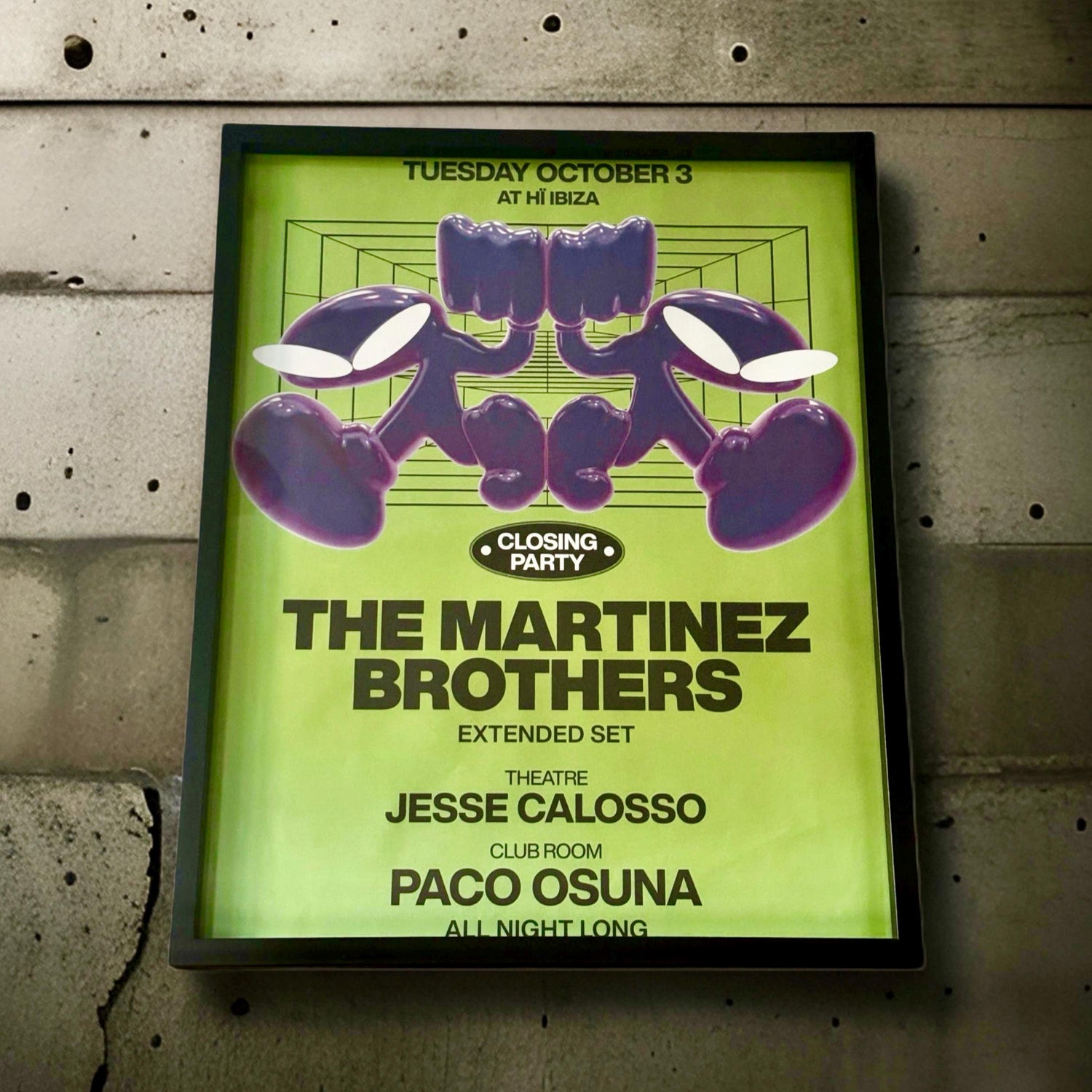 The Martinez Brothers Closing Party ~ Genuine Hi Ibiza Framed Dj Artwork | A3 Luxury Black Frame