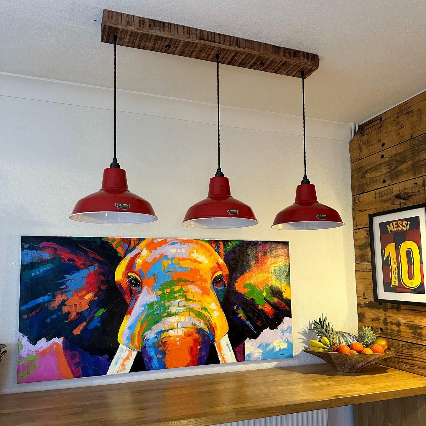 Filby ~ 3 x Red Lampshade Pendant Set Wooden Track Light | Dining Room | Kitchen Table