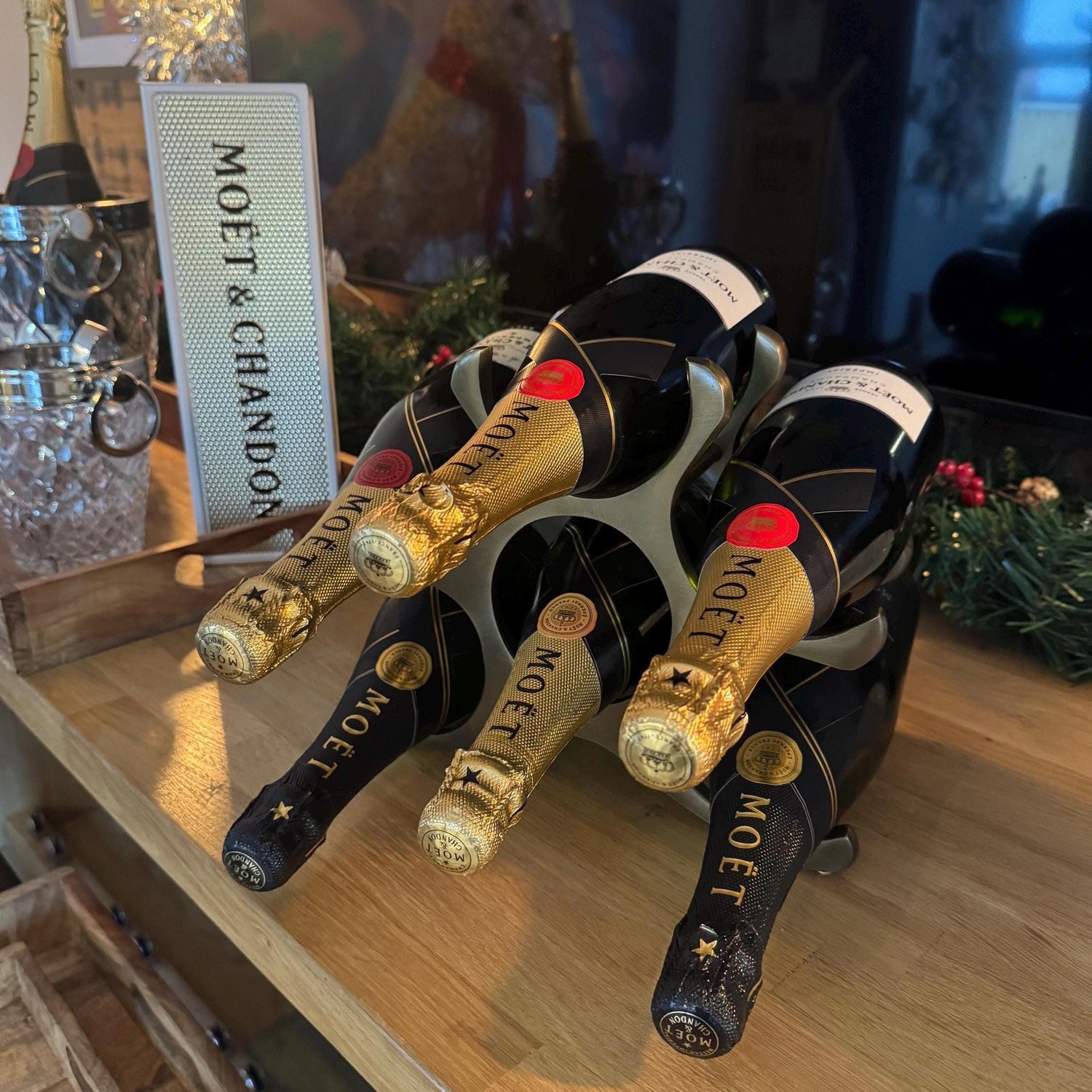 6 Bottle Wine Rack Holder Solid Cast | Wine | Champagne Storage Antique Brass | Polished Aluminium | Matt Black | Black Copper