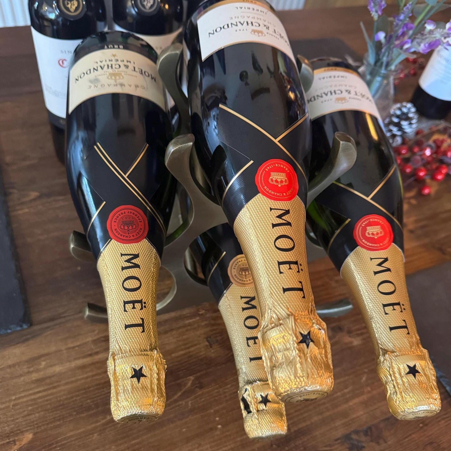 6 Bottle Wine Rack Holder Solid Cast | Wine | Champagne Storage Antique Brass | Polished Aluminium | Matt Black | Black Copper