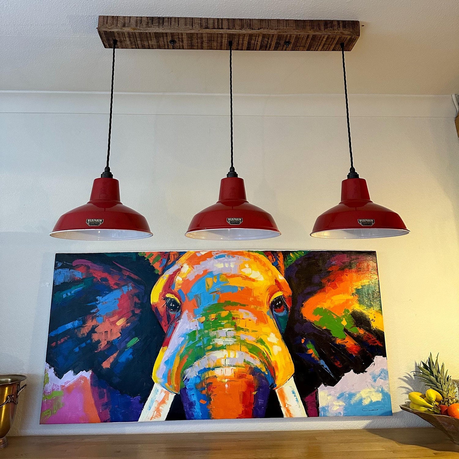 Filby ~ 3 x Red Lampshade Pendant Set Wooden Track Light | Dining Room | Kitchen Table