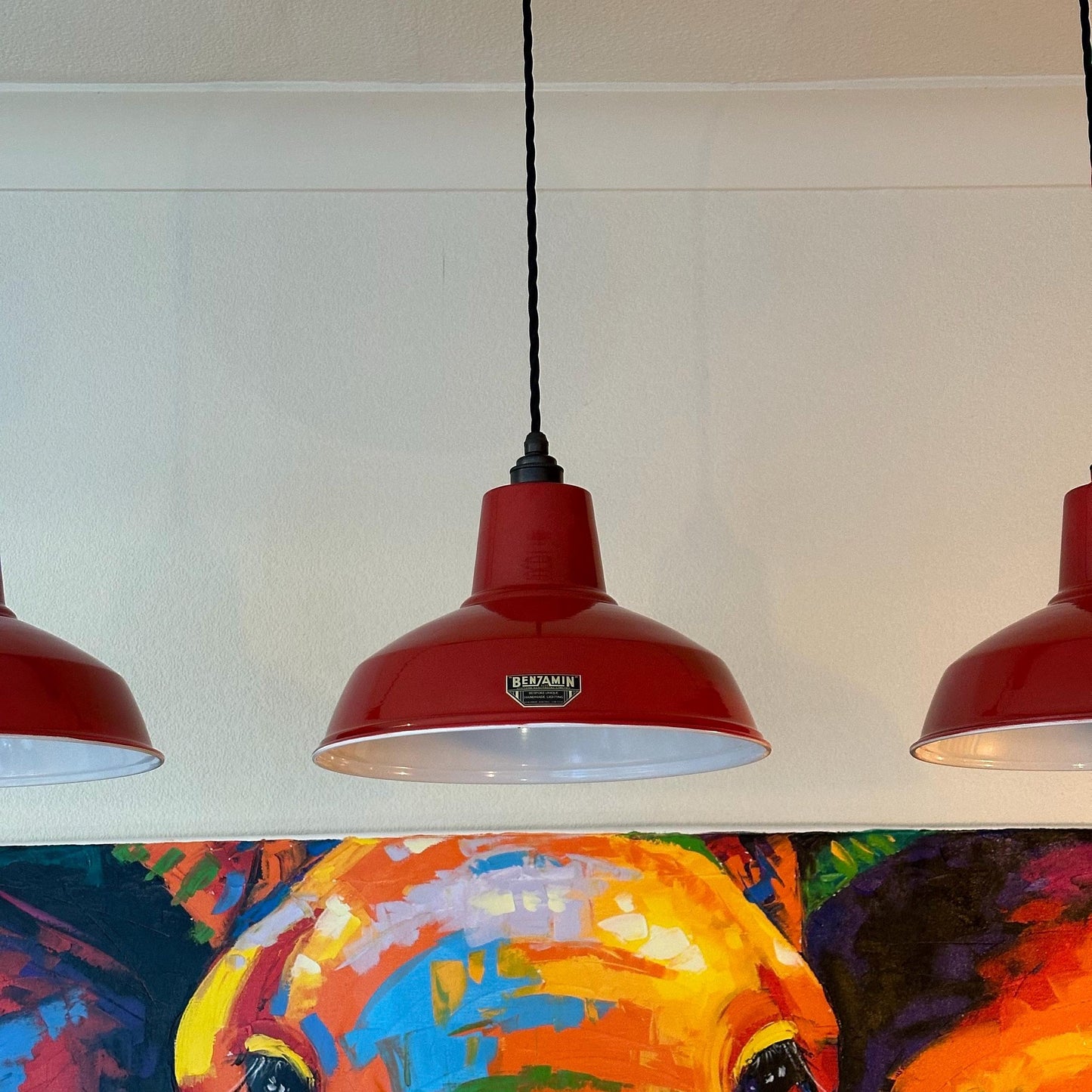 Filby ~ 3 x Red Lampshade Pendant Set Wooden Track Light | Dining Room | Kitchen Table