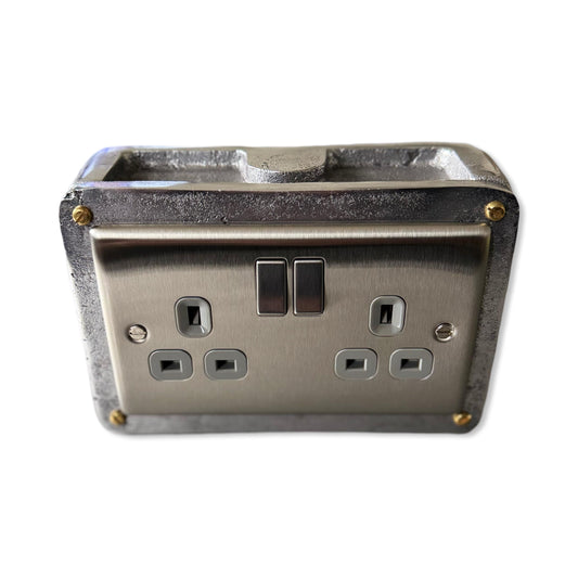 Brushed Steel Double Switched 13A Power Socket Grey Insert 230V 2 Gang 2G Socket Cast Metal Conduit Switch Industrial - BS EN Approved