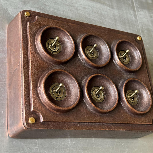 6 Gang 2 Way Antique Copper Solid Cast Metal Conduit Light Switch Industrial - BS EN Vintage Crabtree 1950’s Style