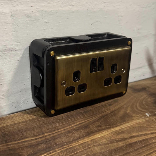 Black Double Switched Antique Brass 13A Power Socket 230V 13A 2 Gang 2G Solid Cast Metal Conduit Switch Industrial - BS EN Approved
