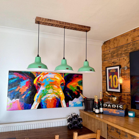 Filby ~ 3 x Fresh Teal Green Lampshade Pendant Set Wooden Track Light | Dining Room | Kitchen Table